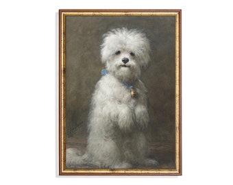 Pintura vintage de perro maltés: retrato de mascota de estilo antiguo (impresión enviada por correo)