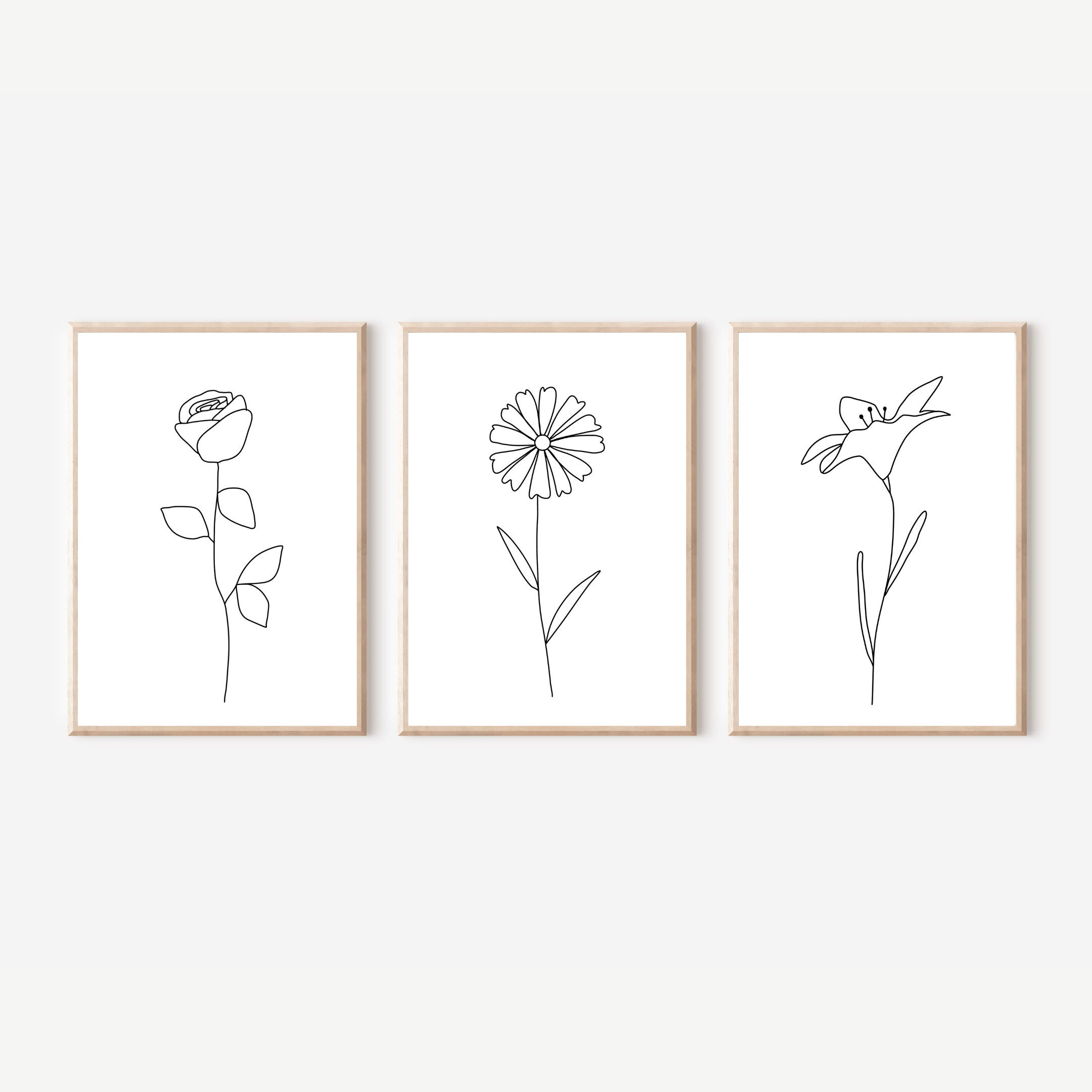 Floral Line Art Set of 3 Black and White Flower Prints 3 Piece | Etsy