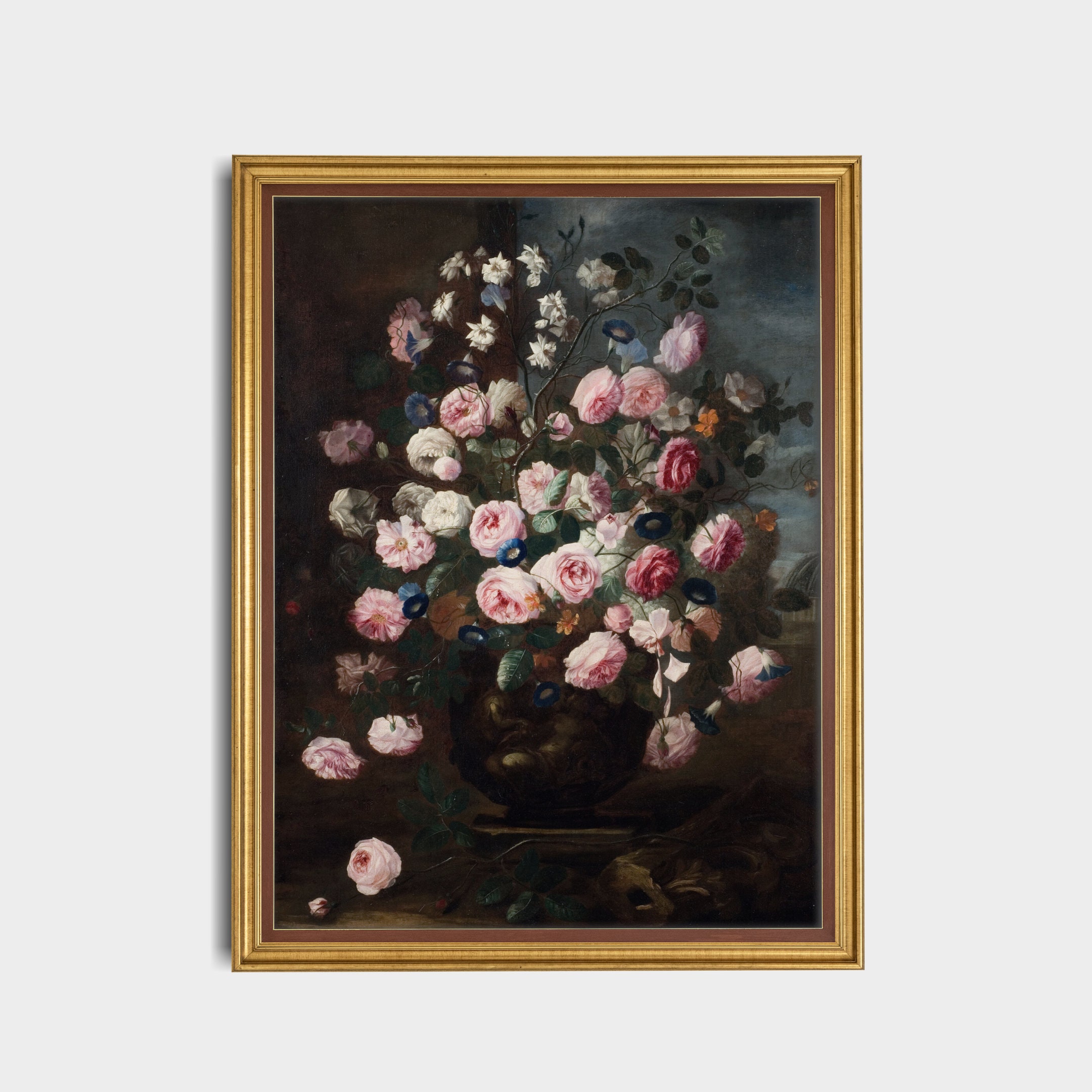 古　カラフル　薔薇　花の絵　アート　油絵?　絵画　アンティーク　作者不明 ヴィンテージのバラと朝顔の絵画：17世紀オランダの花の芸術（デジタル