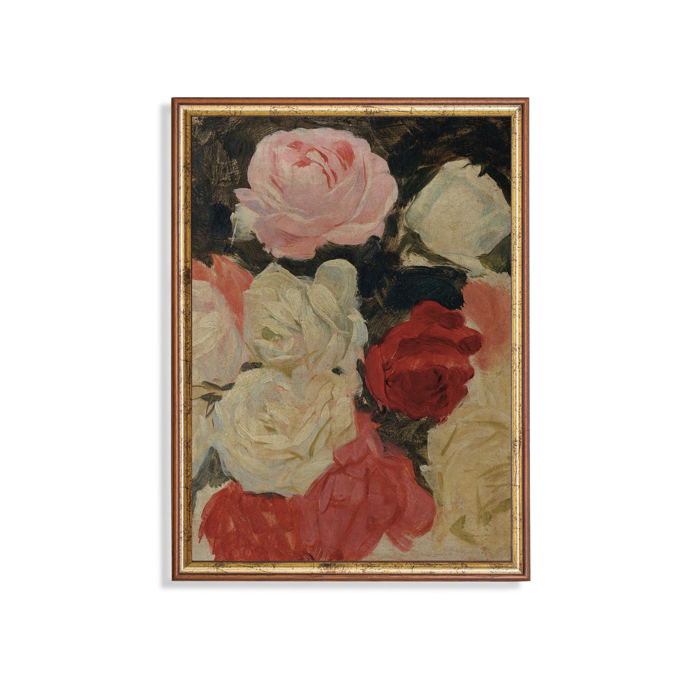 ヴィンテージローズの花の絵画：ムーディなボタニカルアートプリント