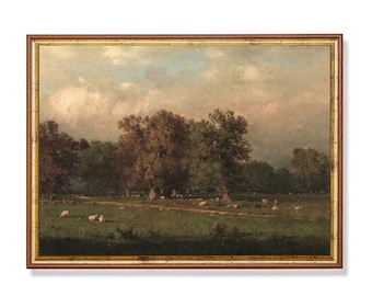 Vintage schilderij schapenwei: rustieke boerderijlandschapskunst (digitale download)