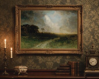Vintage Landscape Painting: Rustic Farmhouse Art Print