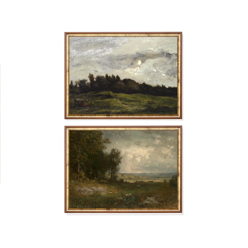Puede incluir: Dos pinturas de paisaje enmarcadas, ambas representando una escena rural con &aacute;rboles, campos y un cielo nublado. La pintura superior muestra una luna en el cielo, mientras que la pintura inferior muestra una vista m&aacute;s distante con un r&iacute;o.