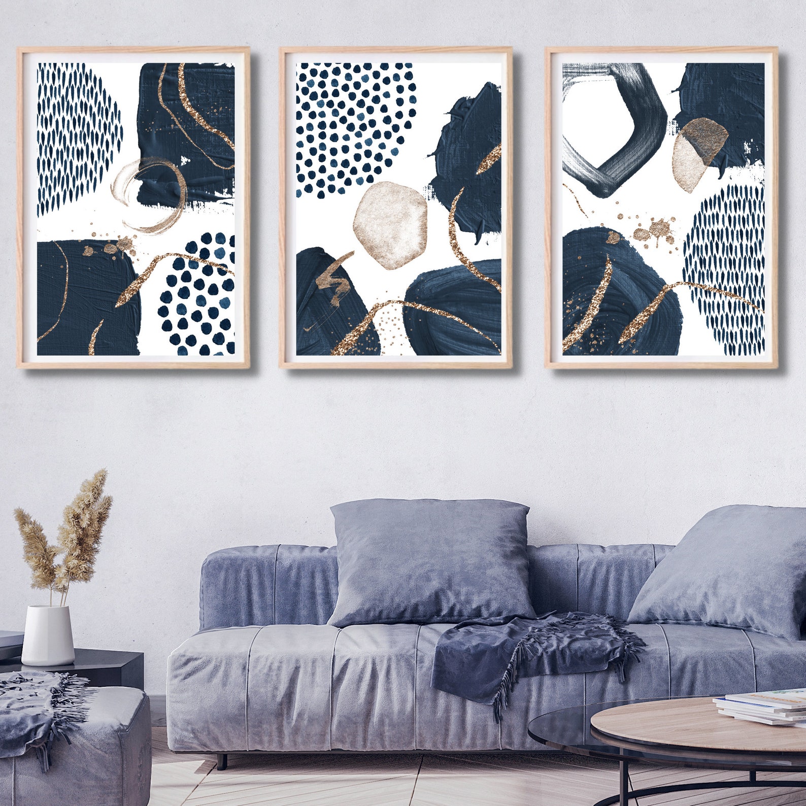 Navy Blue Gold Wall Art Print Set of 3 Nordic Printable Poster Etsy