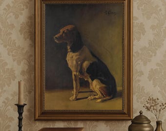 Antique Dog Portrait Print – Vintage Seated Hound Painting by M. Gurcin, Moody Canine Wall Art, 19th Century Animal Lover Digital Download
