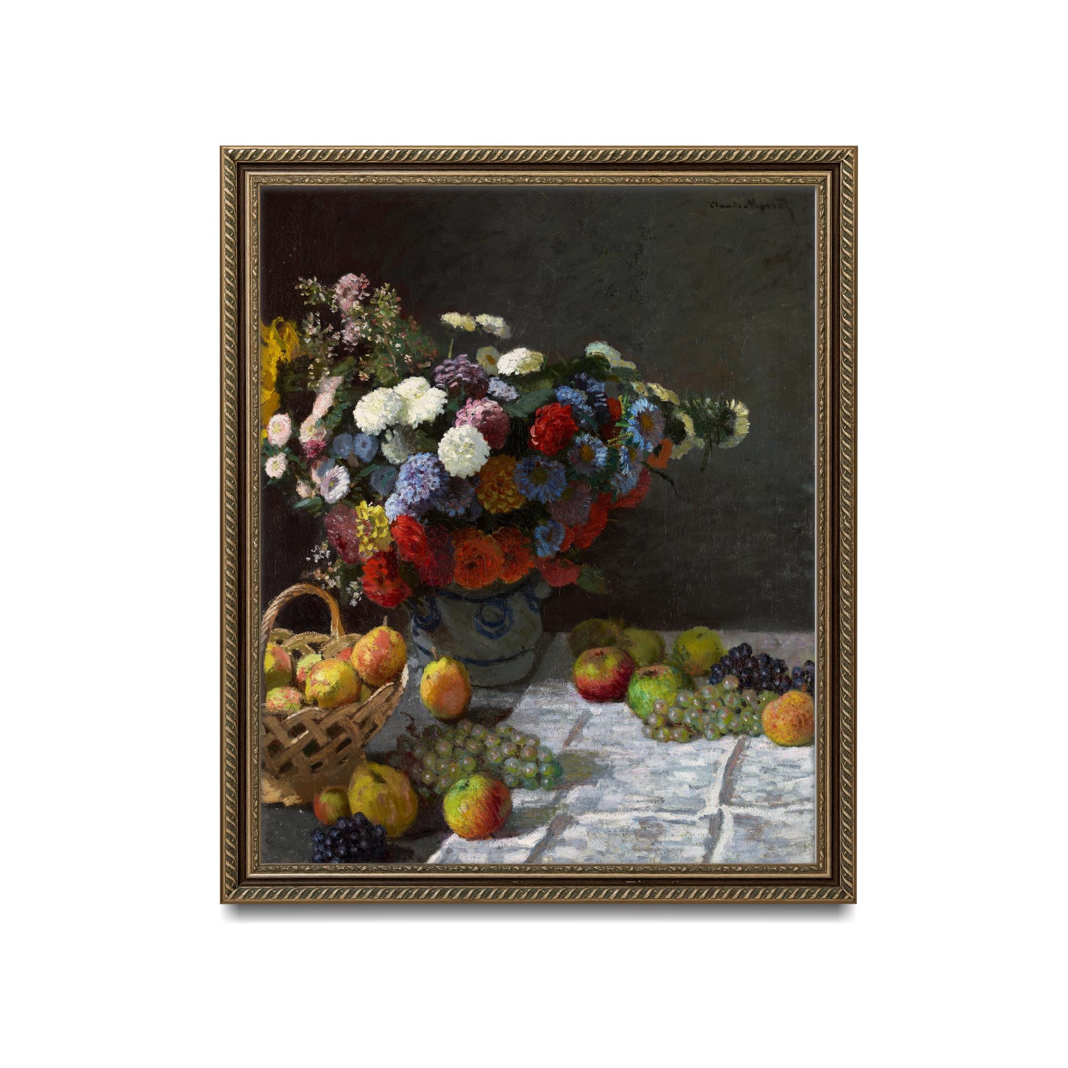絵画 静物画 モネ モネの静物画 ヴィンテージの花と果物のテーブルシーン