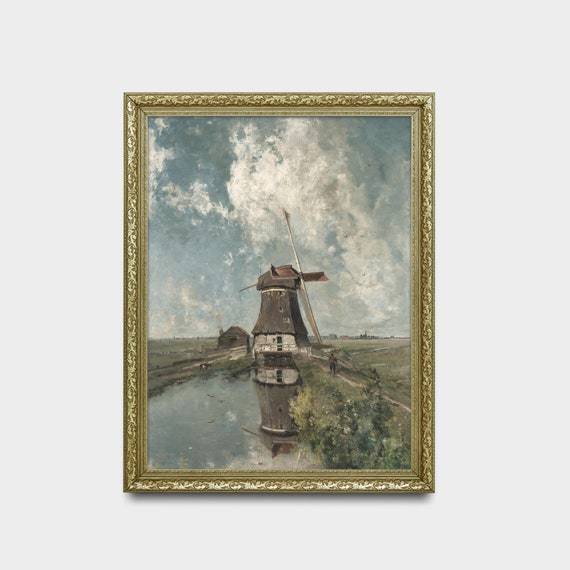 W. Schurmann 油彩画 風車と民家のオランダ風景、ボードに描かれた絵 W