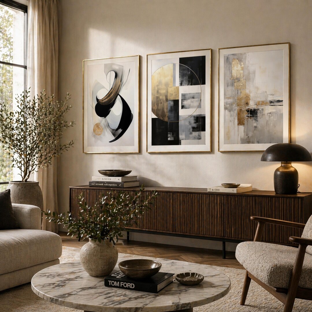Set of 3 Neutral Abstract Art Prints, Black Beige Gold Geometric ...