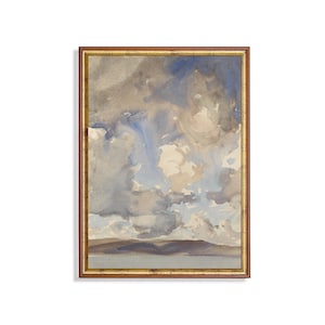May include: A framed watercolor painting depicting a cloudy sky with shades of gray, blue, and white. The clouds are layered and textured, creating a sense of depth and movement. The horizon is visible in the distance, with a hint of land.