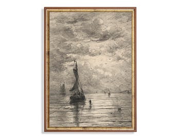 Sailboat Sketch Print: Vintage Nautical Seascape Wall Art