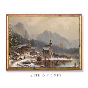 Winter Village Painting | Snowy Landscape, Farmhouse Christmas (Digital Download)