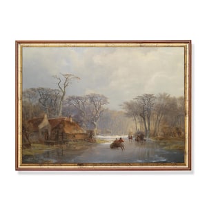 Vintage Winter Skating Scene Print: Rustic Cottage, Frozen Lake (Digital Download)