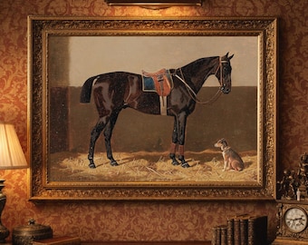 Cuadro antiguo de caballo y perro – Arte ecuestre de 1894 (Descarga digital)