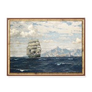 Vintage Sailing Ship Painting | Antique Nautical Ocean Art Print | Tall Ship at Sea with Mountains | Maritime Wall Decor | Digital Download