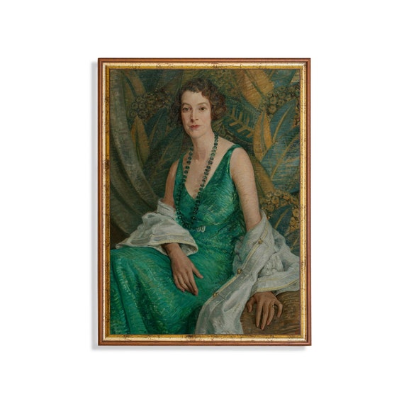 painting lady in green dress Vintage Woman Portrait Art Print: Lace Fabric for Wedding