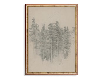 Vintage Trees Sketch Art Print: Rustic Wooded Landscape