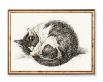 Vintage Katze Skizze Print: Neutrale Bauernhaus Wandkunst