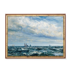Vintage Sailing Ship Print: Antique Seascape Painting, Beach House Decor