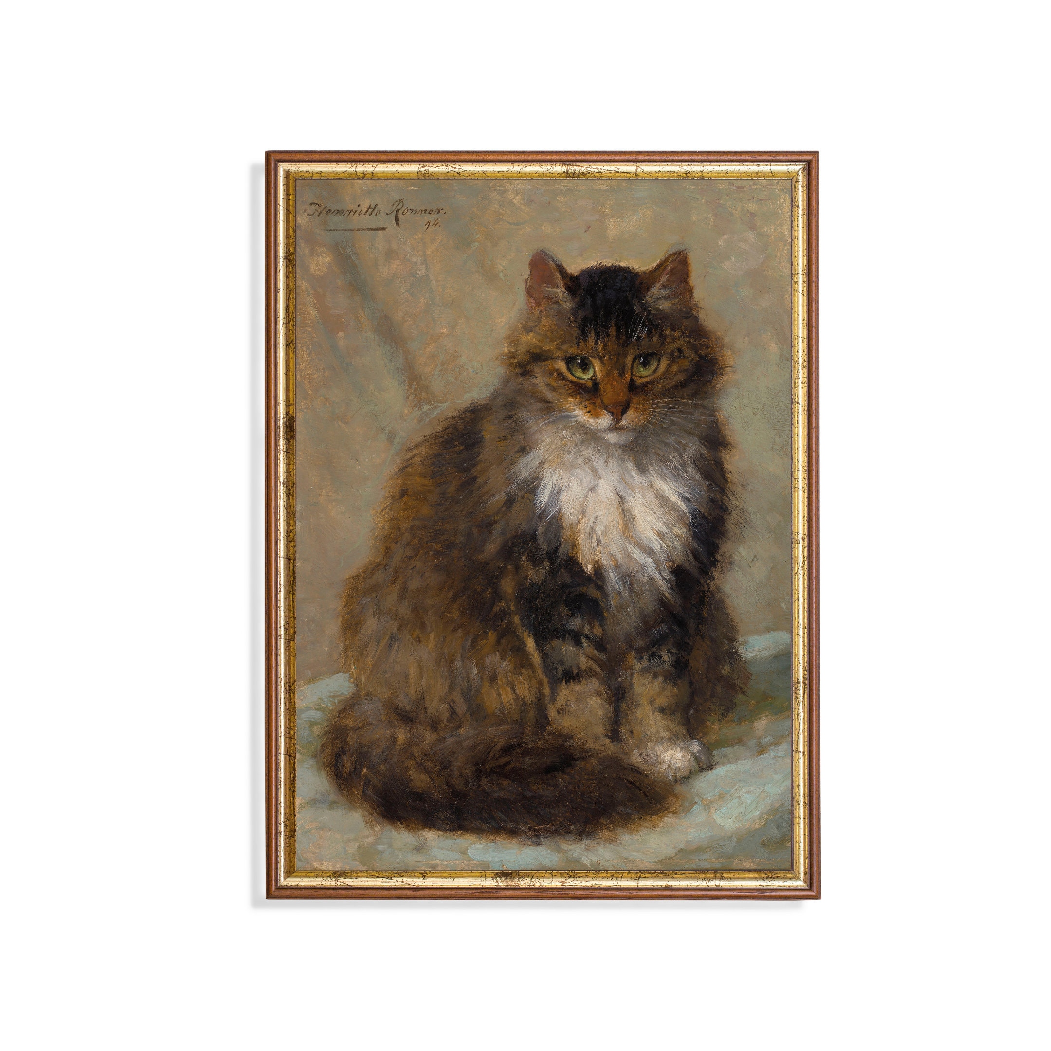Vintage Cat Portrait Digital Download – Antique Feline Painting Print, Fluffy Brown Tabby Cat Wall Art, Rustic Victorian Animal Decor