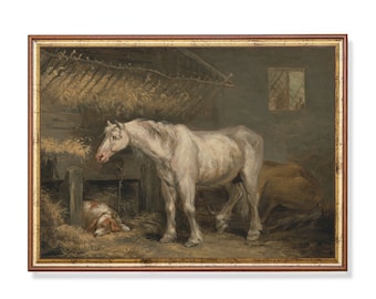 Vintage Horse and Dog Stable Painting: Rustic Farmhouse Art (Digital Download)