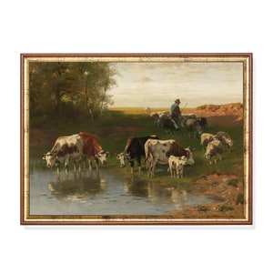 Vintage Farm Animal Print: Rustic Cattle and Sheep Pastoral Scene (Digital Download)