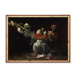 Dark Floral Still Life Print – Moody Antique Oil Painting (Digital Download)