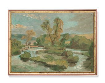 Vintage River Landscape Oil Painting Print: Rustic Farmhouse Wall Art