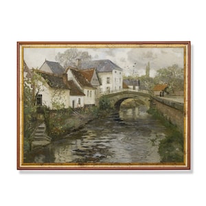 Vintage Village Bridge Print – Tranquil European Townscape Wall Art, Romantic Riverside Cottage Painting for French Country Home Decor