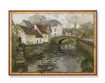 Vintage Countryside Town Painting: Rustic Farmhouse Wall Art
