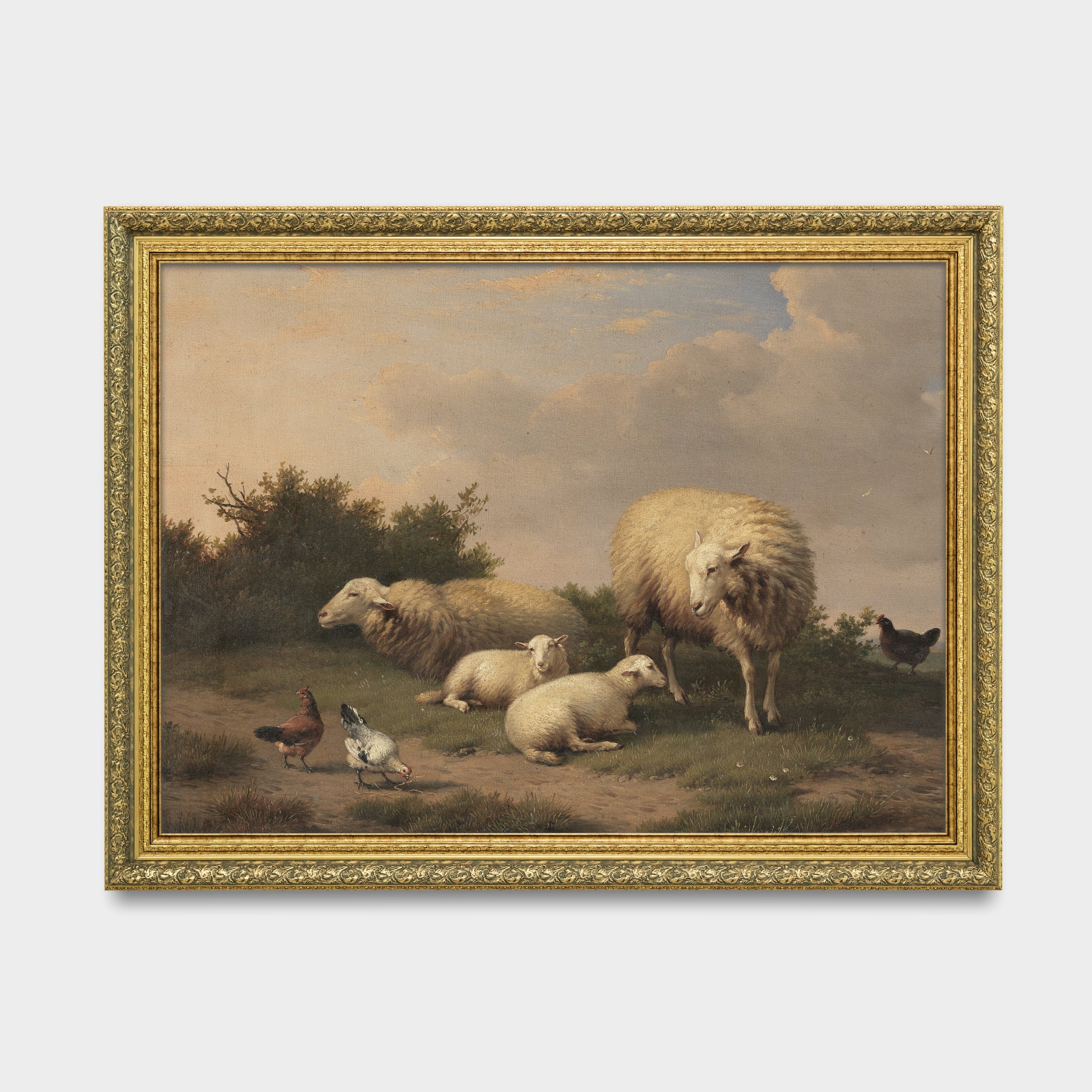 19世紀の農場動物の版画：素朴な羊と鶏（デジタルダウンロード