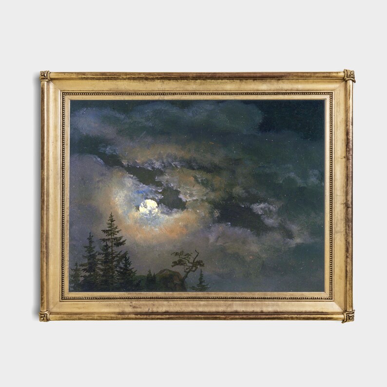Vintage Moonlight Landscape Painting | Moody Night Sky Art Print - Etsy