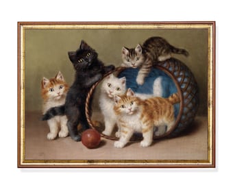 キティオリジナル油絵風景の中の子猫ミニ絵画ヴィンテージ猫アート動物