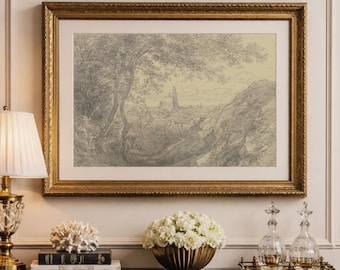Vintage Landscape Sketch Print: Rustic Country Forest Art