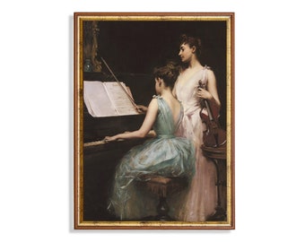Vintage Portrait Painting | Antique Woman Moody Painting | Woman Playing Piano | Digital Download | Printable Wall Art | Fine Art Print