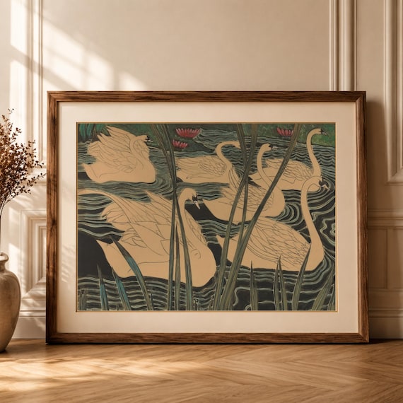 Art Nouveau Swan Print, Vintage Bird Wall Art, Pond Nature Printable (Digital Download)