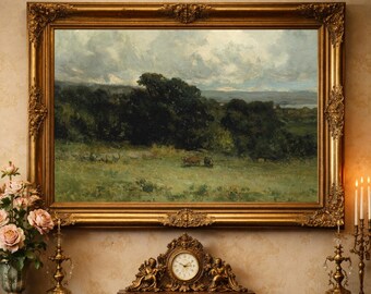 Vintage Country Landscape Painting: Antique Cows in Meadow Art Print