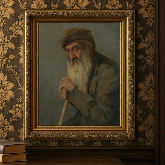 ヴィンテージの髭を生やした男性の肖像画：素朴な農家風の壁アート