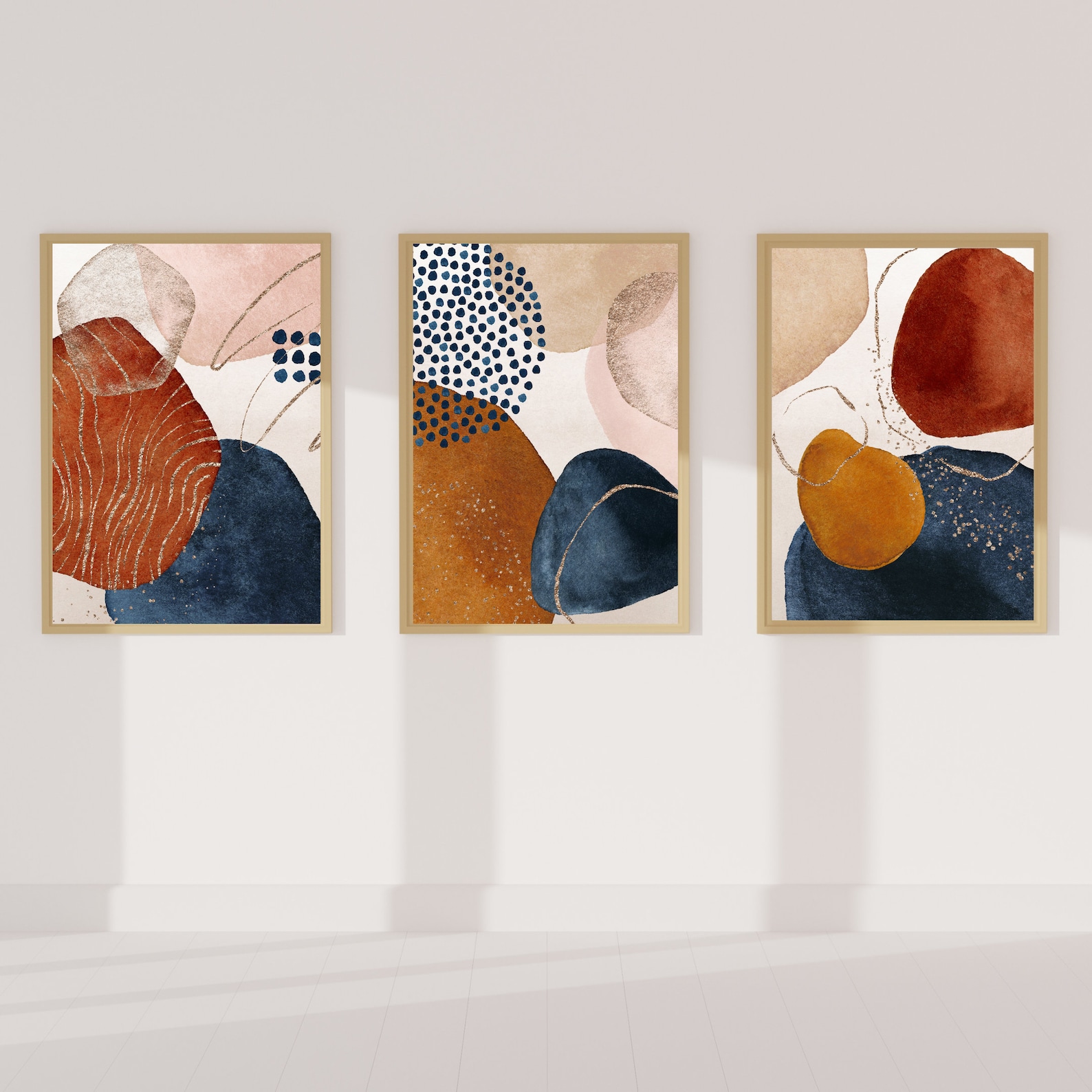 Set of 3 Abstract Art Print Terracotta Navy Blue Burnt Orange Etsy India