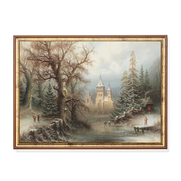 Winter Landscape Scene with Ice Skaters by a Castle Vintage Painting Horizontal Wall Art Oil Rustic Painting Poster Print Instant Download