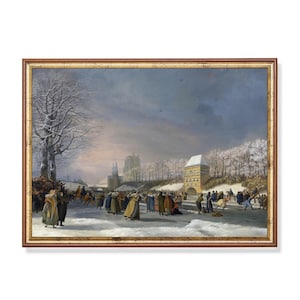 Impressão de cena de patinação no gelo de uma vila de inverno antiga - Arte de parede de Natal vintage (download digital)