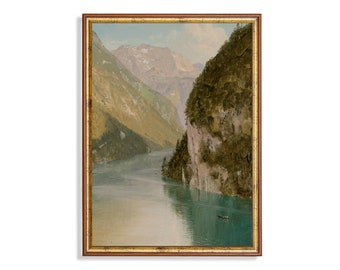 Vintage schilderij bergmeer: antieke landschapskunstdruk