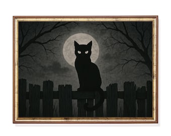 Vintage Black Cat Halloween Print, Gothic Moon Wall Art, Witchcore Artwork (Digital Download)
