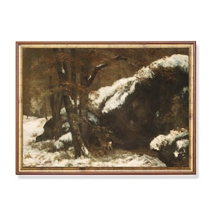 Vintage Winter Landscape Print: Deer in Snow Scene