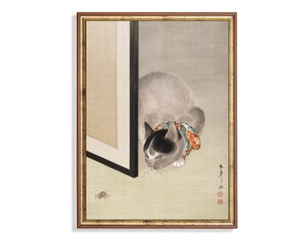 Vintage Japanese Cat Art Print: Kimono Bow, Minimalist Asian Decor