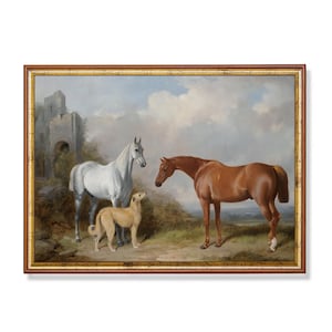 Vintage Horse and Dog Print: Equestrian Greyhound Painting (Digital Download