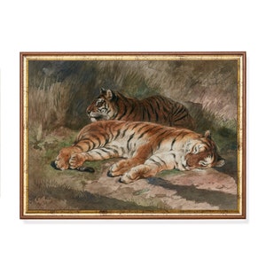 Tigers Painting | Vintage Animal Print | Dark Moody Rustic Wall Decor | Oil Painting Art | Digital Download | Printable Art Farmhouse Decor