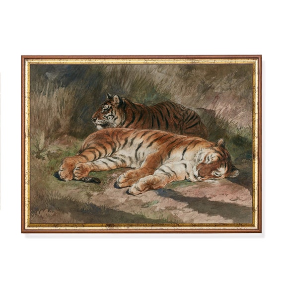 Tigers Painting Vintage Animal Print Dark Moody Rustic 