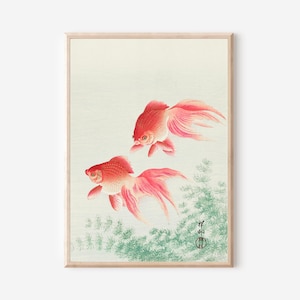 Vintage Japanese Fish Print – Red Goldfish with Flowing Fins, Underwater Botanical Scene, Antique Asian Wall Art, Serene Aquatic Decor