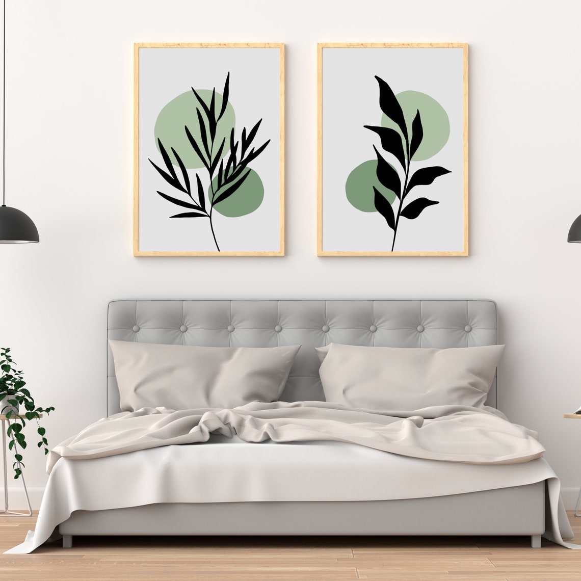 Set Of 2 Sage Green Print Boho Wall Art Silhouette Leaf | Etsy