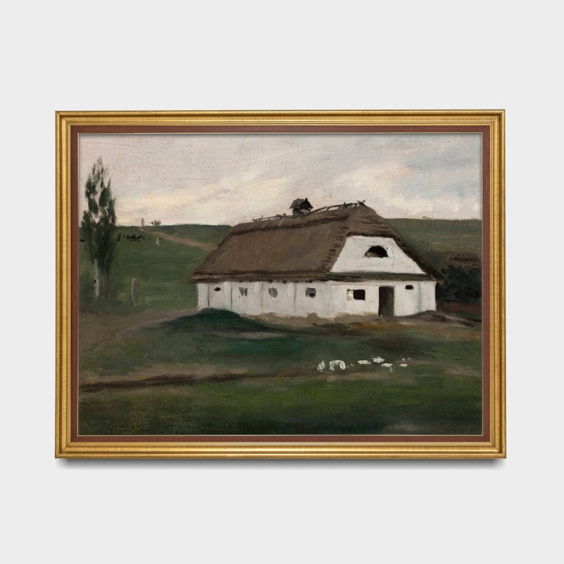 May include: An oil painting of a white farmhouse with a thatched roof, set in a green field under a cloudy sky. The artwork is framed in a gold-colored frame, adding a classic touch to the rural landscape scene.